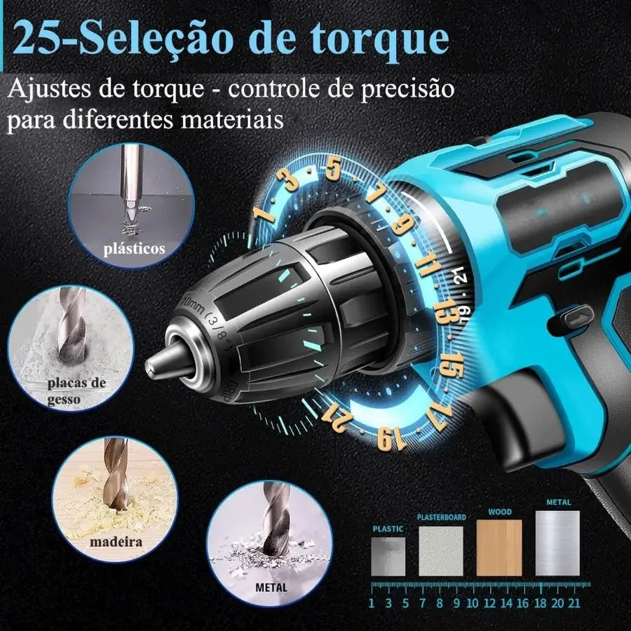 Kit Parafusadeira/Furadeira 28 Peças + 2 Baterias Portáteis + Maleta De Brinde
